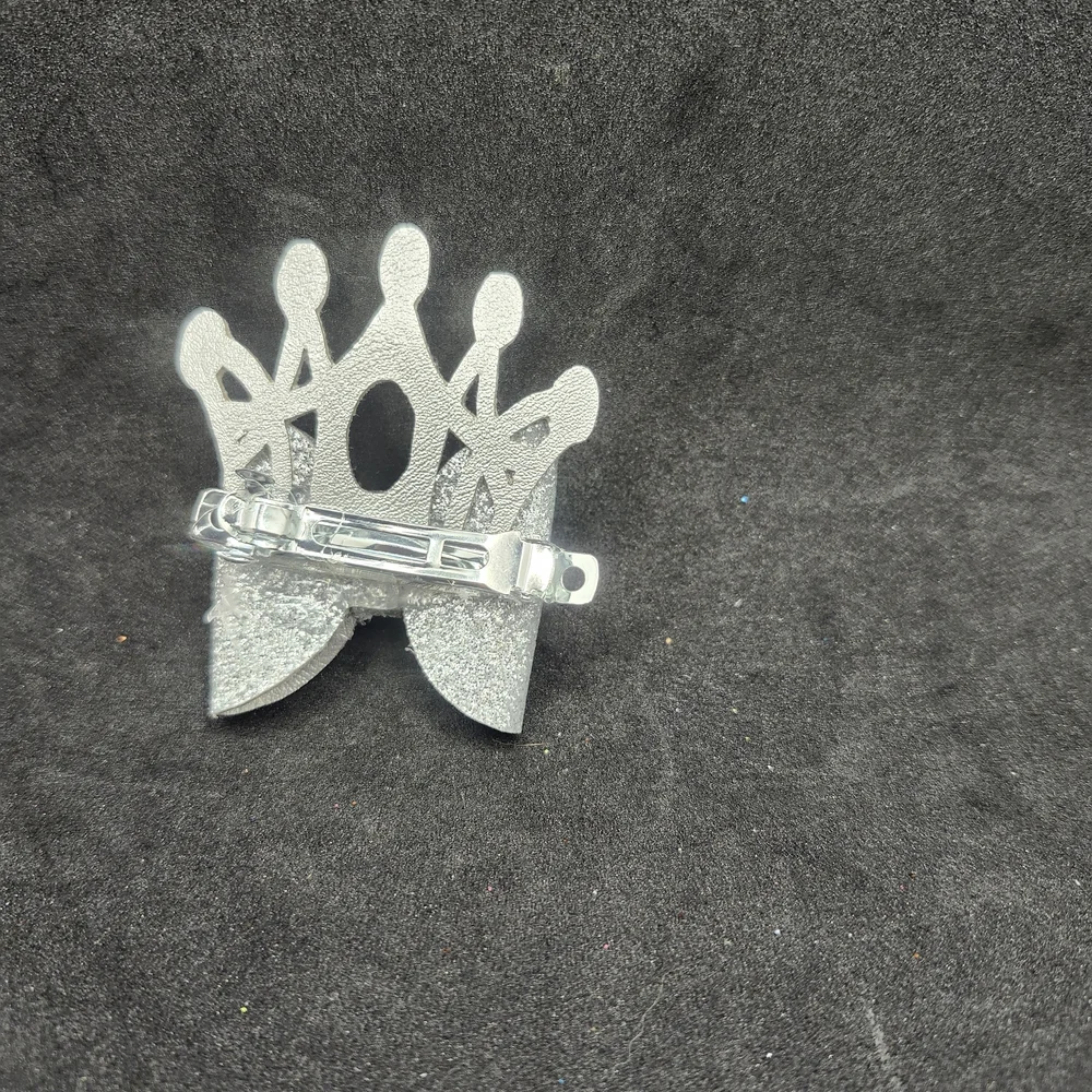 Hand Crafted Pink, Silver and Green Crown Glitter Hair Bow Barrette Clip